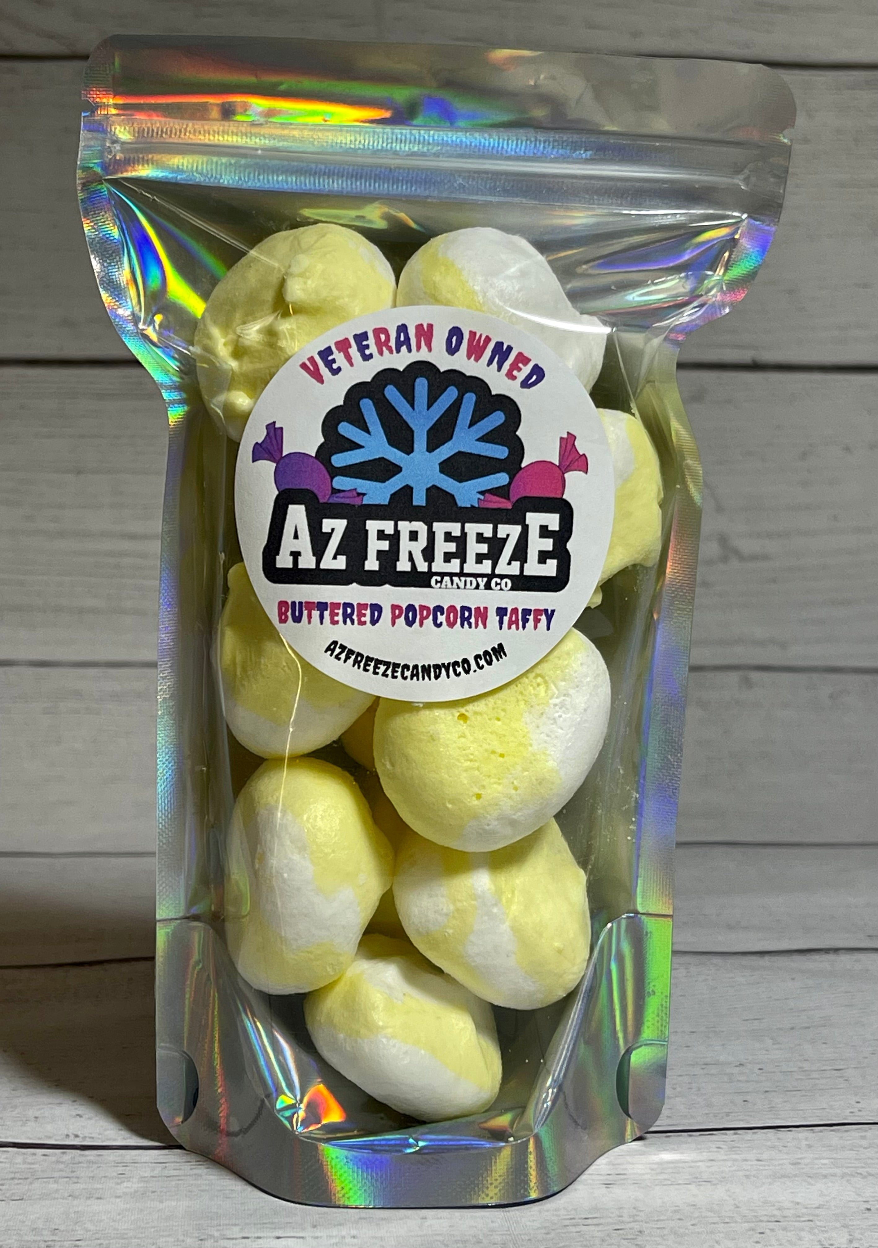 bag of freeze dried buttered popcorn taffy from azfreezecandyco.com